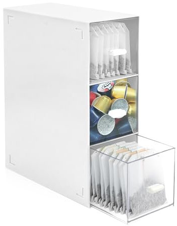 QZDAFFIC 3 Tier Tea Box, Plastic Tea Bag Holder Storage Box, Easy Access Coffee Storage Organiser, Teabag Storage for Cosmetic Coffee Sugar Sachets Pantry (White)
