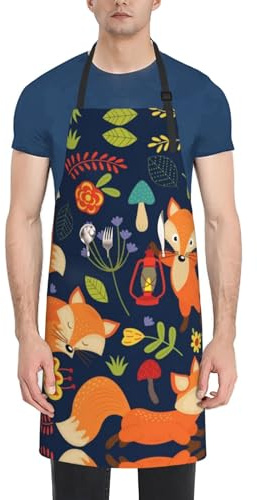 Tablier de cuisine en tissu Oxford pour adulte Motif renard et fleur, Noir , taille unique
