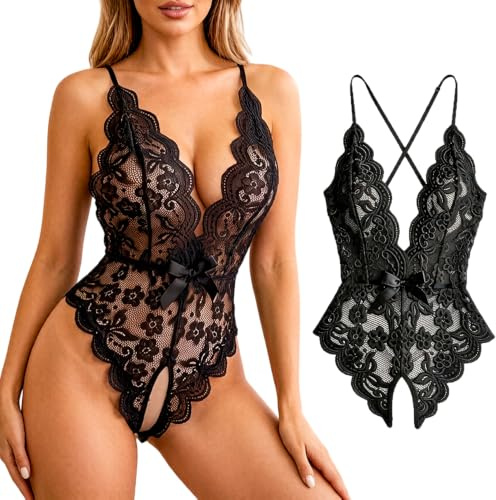 Women's Lace Bodysuit Teddy Babydoll Bodys for Women, Ladies Sexy Lace One Piece Stretch Lingerie Babydoll Deep V Chemise Cross Straps Underwear Leotard Naughty Sleepwear for Valentine's Day