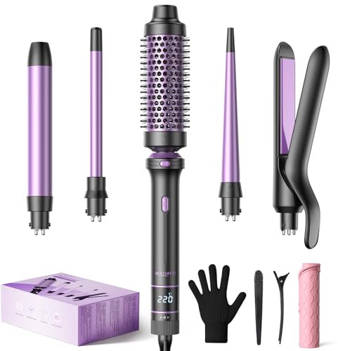 BESTOPE PRO 5 in 1 Hair Curling Wand, Hair Curler Set with Thermal Brush and Hair Straightener, 13 Temperature Control for All Hair Lengths, with Heat Resistant Mat, Glove, Clip, Rose Gold