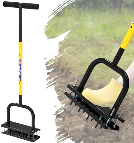 JouZYA Gräsklipparverktyg med 12 stålspikar, fjäderbelastad design och T-handtag med justerbar höjd, förmonterad manuell luftare för jord och gräsmatta, perfekt för gräsmattor, gårdar och trädgårdar