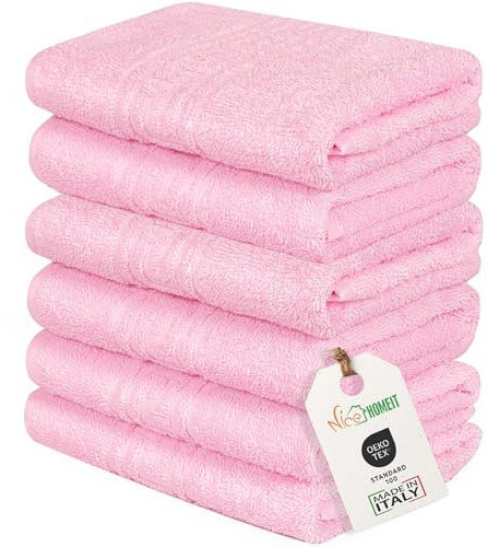 nice homeit Set mit 6 Gesichts- und Gästehandtüchern aus Baumwolle, 40 x 60 cm, aus 100% ringgesponnener Baumwolle, extra weich und saugfähig, hergestellt in Italien, Rosa