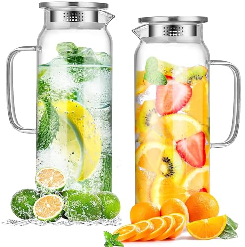 2 Stück Glaskaraffe Wasserkrug 2 L mit Edelstahl Deckel, Wasserkaraffe aus Borosilikatglas Wasserkrug Glas Hitzebeständig Karaffe für Heiß & Kalt, Saft, Milch, Tee, Kaffee und Getränke