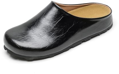 LJAIYI Women's Leather Clogs Slip-on Mules with Arch Support Soft Cork Footbed Potato Shoes Comfort Non-Slip Wide Width Sandals (Black,8.5)
