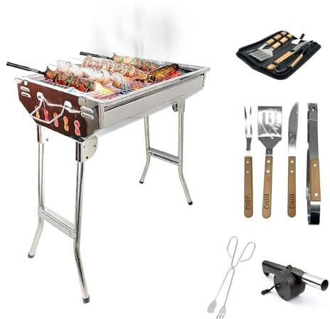 Oceano Barbecue a carbone in acciaio inox bracere richiudibile in metallo portatile bbq da esterno griglia per giardino pic-nic campeggio escursione gita (33x48x58cm + Accessori Premium)