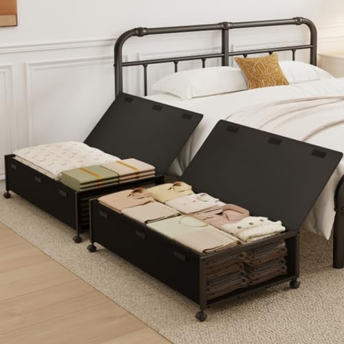2 Pack Under the Bed Storage Containers,10 inch Height Under Bed Shoe Storage,31inch Long Underbed Storage with Wheels,Large Rolling under bed Clothes Storage Drawers with Lid for Dorm Tall ,Black