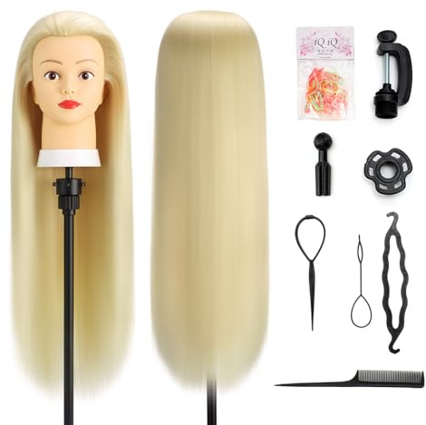 Treuenic Styling Head, 100% Synthetic Fibres Hairdressing Head, 26~28 inch Cometology Training Doll Head Hairdresser, Practice Mannequin Head with Free Clamp Holder + DIY Braid Set, Gift for Girls
