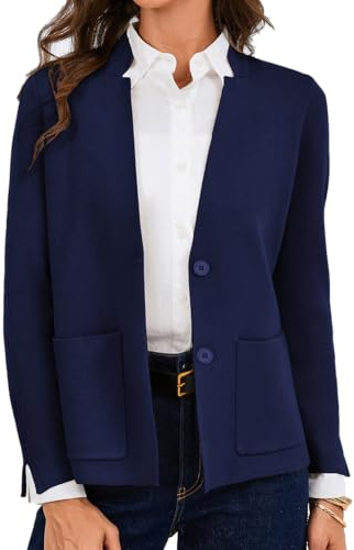 GRACE KARIN - Blazer da donna eleganti, con scollo a V e bottoni, per l'autunno, cardigan in maglia con tasche, blu navy, M