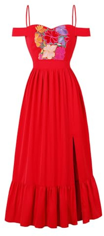 IDOPIP Robe Mexicaine Femme Traditionnelle, Folklorique Cinco de Mayo d'été Longue Épaules Dénudées Broderie Maxi Florale Volants Fente Maxi pour Festival Bohème Vacances Plage