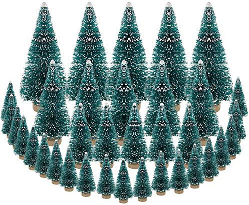 DECARETA 35 Pezzi Mini Albero di Natale Innevato Mini Albero di Natale Artificiale 4.5/6.5/8.5/12.5cm con Base Legno Pino Natale Sisal per Decorare Tavolo, Fai da te, Vetrina (Blu Verde)