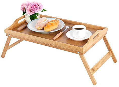 Ejoyous Bandeja de Cama de bambú, Bandeja de Desayuno con Patas Plegables, Bandeja de Servicio, Bandeja para portátil, Bandeja de Aperitivos con Asas para sofá Cama 63 x 27,3 x 22,5 cm