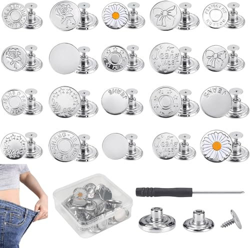 RSXING 20 Sets Jeans Knöpfe 17 mm und 20 mm Ersatz Jeansknöpfe, ohne Nähen sofort abnehmbare Hosenknopfstifte, abnehmbarer Metallknopf zum Verlängern oder Verkleinern der Hosenbundweite