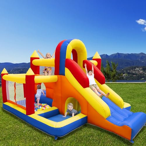 Ballsea Castello gonfiabile con ventilatore - paradiso per bambini XXL indoor con scivolo, rete di sicurezza, certificato EN71, per 3-8 anni