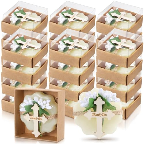 Heigble 24 Pcs Baptism Favors for Guests Scented Soap Favors First Communion Baby Shower Soap with Dried Flowers Thank You Wood Tags Baptism Bridal Birthday Gifts(White Color)