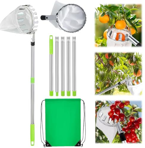 Taufe Obstpflücker Diameter 16 cm,2.2m Apfelpflücker,Apfelpflücker mit Verlängerungsstange,Obstpflücker mit Verlängerungsstange,mit Leichter Edelstahl Verlängerung Verbindungsstange Baumwollbeutel