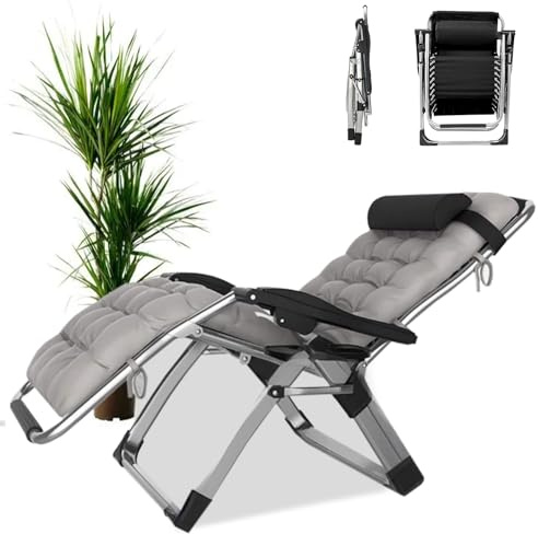 PMFRUG Sedia a Sdraio da Giardino, Pieghevole con Supporto per Bevande, Sdraio Relax Traspirante Sdraio da Terrazzo esterno interni Sdraio Gravità Zero (A-cuscino Grigio, Set da 1)