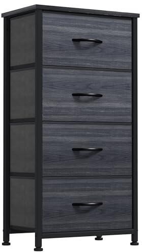 DWVO 4 Drawers Dresser, Dresser for Bedroom, Fabric Storage Tower, Chest of Drawers, Organizer Unit for Closets, Living Room, Sturdy Steel Frame, Wooden Top, Easy Pull Fabric Bins
