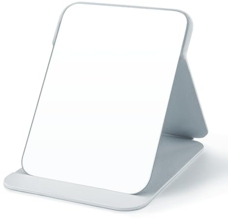 WISYOK Espejo de Mesa, Espejo de Viaje Plegable con Varios ángulos de Apoyo, Espejo Plegable con Piel sintética Blanca PU, Espejo de Maquillaje Super HD, Espejo de Mano - 21x15 cm
