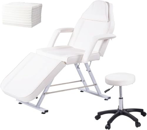 LSBIKE Beauty Bed with Stool and Sheets, Adjustable Massage Chair Reclining Salon Bed Lash Chair with Removable Armrests Headrest Massage Table Set for Spa Salon Tattoo Facial (White)