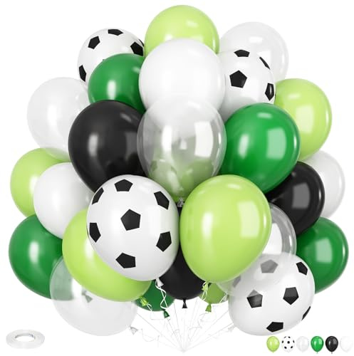 Soccer Birthday Party Balloons, 12 Inch Soccer Printed Balloons Dark Green and Black Balloon Clear Green and White Balloon for Boys Football Soccer Party Sports Anniversary Baby Shower Decorations