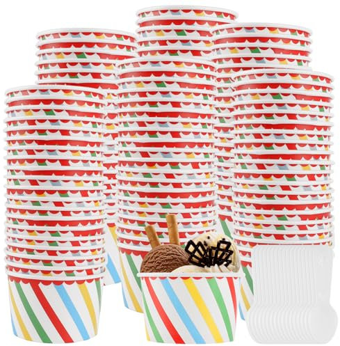 LOPYXBR 100 Stück Papierbecher Eisbecher 200ml Eisbecher mit Löffel Gestreift Einwegbecher Papier Dessertschalen für Eis Desserts Fingerfood Joghurt