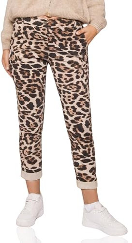 Kendindza Chino Damen Hose Stretch mit Gürtel Stoffhose Damen elegant lang Leopard Hose Leo Muster Print XL