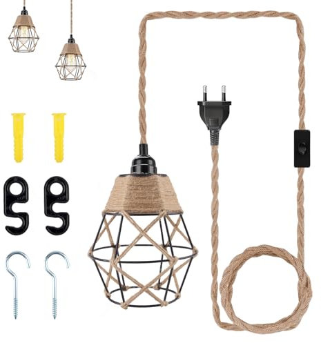 RYAN Lámpara Colgante con Enchufe con Enchufe con Vuerda de 177 Pulgadas Lámpara Colgante Vintage Textil Jaula de Cables luz Industrial E27 para Dormitorio Escalera Pasillo Lámpara de Noche (Sin Bombi