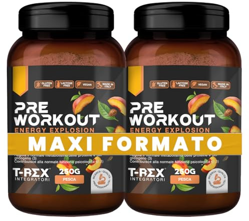 T-Rex Integratori Pre Workout, Energy Drink Potente con Creatina Monoidrata, Citrullina, Taurina, Arginina, Beta Alanina e Vitamine - Senza Caffeina, 250 g (250 g (Confezione da 2), Pesca)