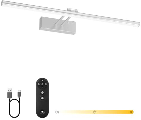 Bath Mirror Wall Light with Remote, 40cm Wireless Rechargeable 5400mAh Battery Picture Lamp, 3 Colors & Adjustable Angle, Dimmable and Timer Art Lamp for Vanity,Display,Bathroom (Nickel, 40cm)