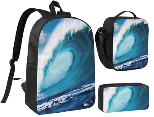 DUWAA Big Ocean Wave Rucksack mit HD-Druck, lässige Umhängetasche, Lunchtasche, Stifttasche, 3-in-1-Set, 43,2 cm, für Damen und Herren, Schwarz, Einheitsgröße