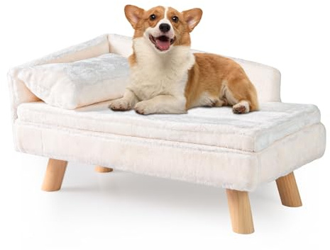 COSTWAY Elevated Dog Sofa Bed, 71 x 43 x 40cm Pet Couch Lounger with Removable Cushion & Pillow, Sturdy Wood Legs, for Small Dogs Cats (Beige)