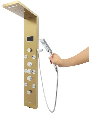 Gdetnysty Panel de ducha inteligente 6 en 1 LED con válvula de cerámica, chorros de masaje y manguera de acero inoxidable de 15 m para sistema de ducha de acero inoxidable 304, montaje en pared, para