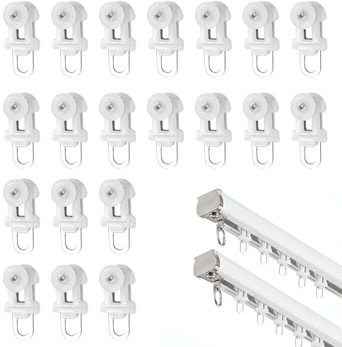 Dargkwn 20 Pcs Silent Curtain Gliders, Precision 11.5mm Neck Roller for 6mm 9mm Rail, Heavy Duty Stainless Steel Double Vorhangrollen, Quiet Gardinenröllchen Hook for Window Track Rail System