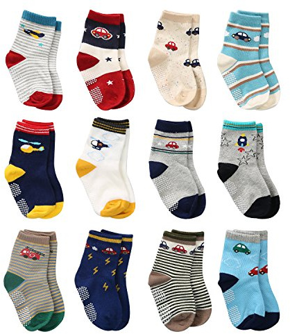 Cottock 12 Pares para Algodón Infante Niños Pequeños Antideslizantes Calcetines, Algodón Calcetines Antideslizantes para Niños (12 pares de avión y coche, 1-3 años)
