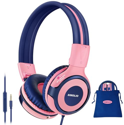 SIMOLIO Kids Headphones with Cord, 75dB/85dB/94dB Volume Limited Wired Headphones with Mic for Kids/Girls/Boys/Children/Teens/Smartphones/School/Airplane Travel/Tablet (Pink)