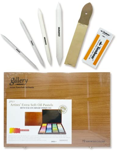 Mungyo Gallery Artists' Soft Oil Pastels Set of 72 Assorted Colors (MOPV-72W) With Blending Tortillon, Sandpaper, Eraser