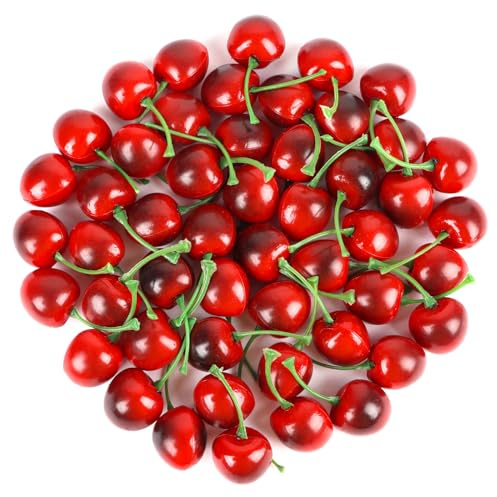 FOIMAS 50pcs Artificial Fruit Cherries,Lifelike Fake Cherry Simulation Decor for Home Decoration Photo Prop Craft Supply