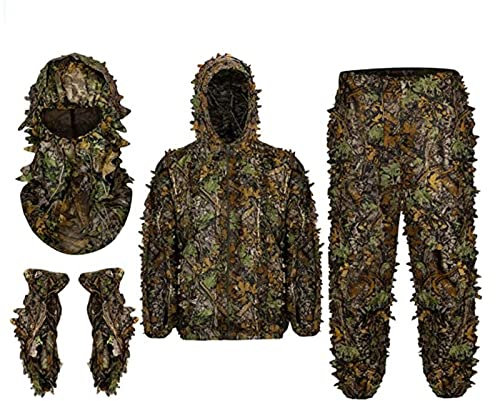 Amagogo Ghillie-Anzug für Herren, Vollgesichtsmaske, Handschuhe, Set, Tarnanzug, Blattmuster, für die Jagd, XL XXL