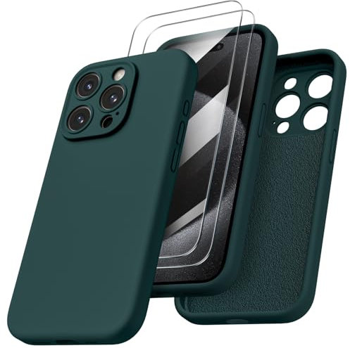ORNARTO für iPhone 15 Pro Hülle mit Kameraschutz und 2 Schutzfolien, flüssige Silikon Handyhülle iPhone 15 Pro 6.1 Zoll, stoßfeste iPhone 15 Pro Schutzhülle mit Mikrofaser - Olivgrün