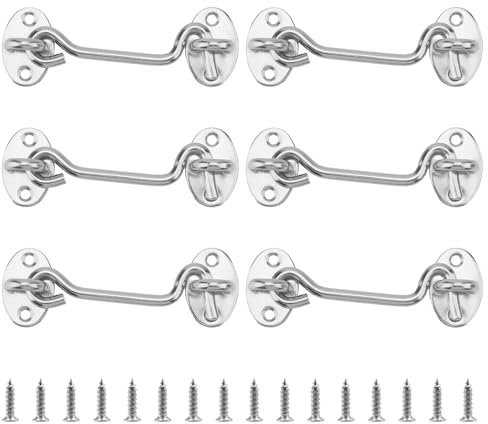 ZOENHOU Pack of 6 100 mm Storm Hooks, 4 Inch Cabin Hooks, Stainless Steel, Storm Hooks with Eyelet, with 16 Screws, Door Hooks, Window Hooks, for Windows, Doors, Barns, Garages, Gardens, Silver