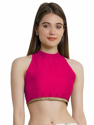Fashnkart Indian Women's Silk Stitched Sleeveless Blouse Crop Top Dupion Readymade Ethnic Tunic Choli Halter Neck Magenta 34