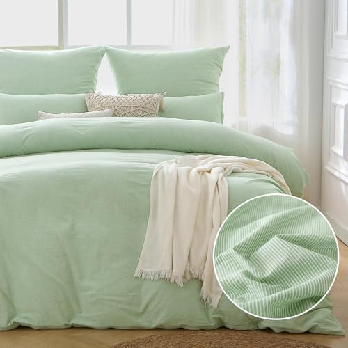 ATsense Ropa de cama de 135 x 200 cm, algodón a rayas, 4 piezas, color verde claro, certificado Öko-Tex, hipoalergénico y transpirable, 2 fundas nórdicas de 135 x 200 cm y 2 fundas de almohada de 80 x