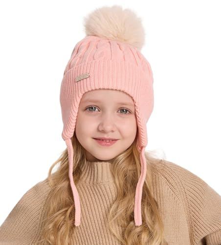 ZLYC Gorro de Punto para niños y niñas, Gorro de Invierno de algodón con Pompones, Liso Rosa, Talla única