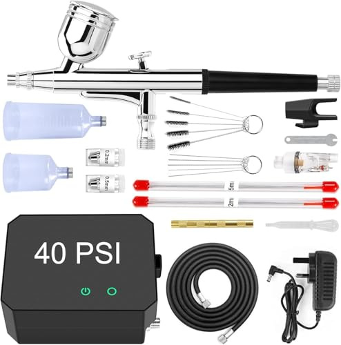 Omeyo Airbrush Kit with Air Compressor, 48 PSI High Pressure Air Brush Non-Clogging with 0.2/0.3/0.5mm Nozzle/Cleaning Sets, Ideal for Painting, Modeling, Cake Decor, Pastry, Makeup, Nail Art Black