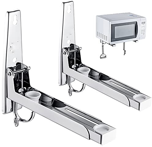 JJvKa Mikrowellenhalterung aus 304 Edelstahl mit Haken und Teleskoparme, Universalwandhalterung für Mikrowellen, Grillofen, Backofen bis 40 kg, Wandmontagehalterung, ausziehbar 20-40cm, Silber