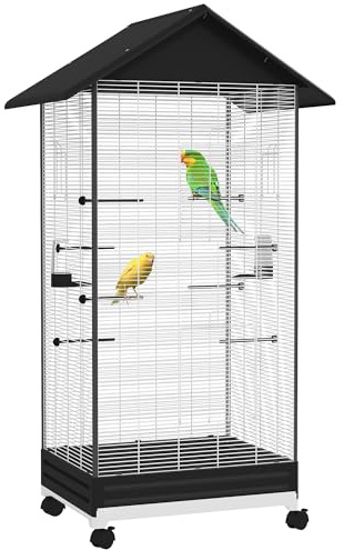 PawHut Jaula para Pájaros con Ruedas Pajarera Metálica con Bandeja Extraíble 4 Puertas 2 Comedores 8 Perchas para Canarios Periquitos 79x65x155 cm Negro