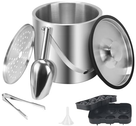 VirtuGro 4L Large Ice Bucket, Double Walled Insulated Ice Bucket with Lid and Tongs, Scoop, Strainer, Round Ice Cube Moulds, Stainless Steel Ice Buckets for Parties, Bars, Wedding, Garden, Home