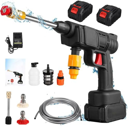Nettoyeur Haute Pression sans Fil, Pistolet à Eau Portable avec 5m Tuyau, Nettoyeur Haute Pression sur Batterie, Pot en Mousse, Adapté pour Nettoyer Les Voitures, Sols (B-1 Batterie)