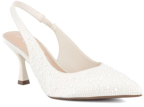 Sugar Women’s Slingback Kitten Heels – Pointed Toe Dress Shoes with Pearl or Bow Detail, Low Heels for Parties, Weddings, or Evening Wear, Ivory, 4 UK
