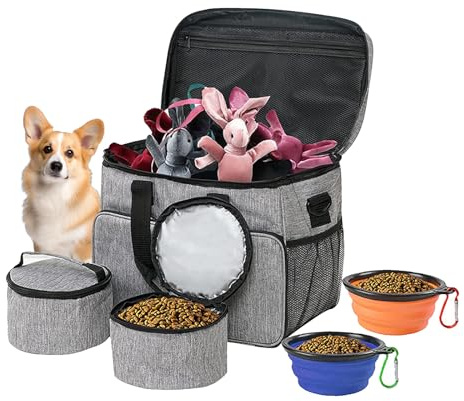 Ruspela Bolsa de viaje para perros grande bolsa de viaje para perros, organizador de suministros para mascotas con 2 recipientes de comida y 2 cuencos plegables para perros y gatos, bolsa grande para